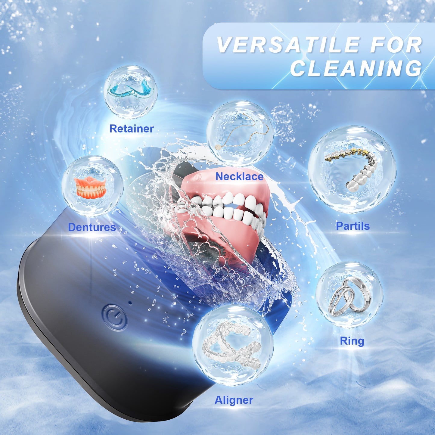 Kunphy Ultrasonic Retainer Cleaner, Jewelry 46kHz Sonic Portable Cleaning Machine 7.5 OZ, Professional Denture Cleaner for Retainer, Dental, Mouth Guard, Ring, Silver, Jewelry