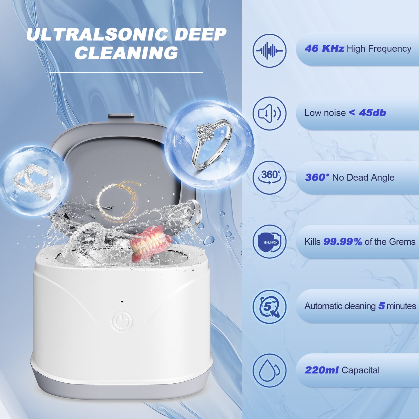 Ultrasonic Jewelry Cleaner,Kunphy Retainer Sonic Cleaning Machine with 46kHz 7.5 OZ Portable Professional Denture Cleaner for Retainer,Dental,Mouth Guard, Ring,Silver,Jewelry