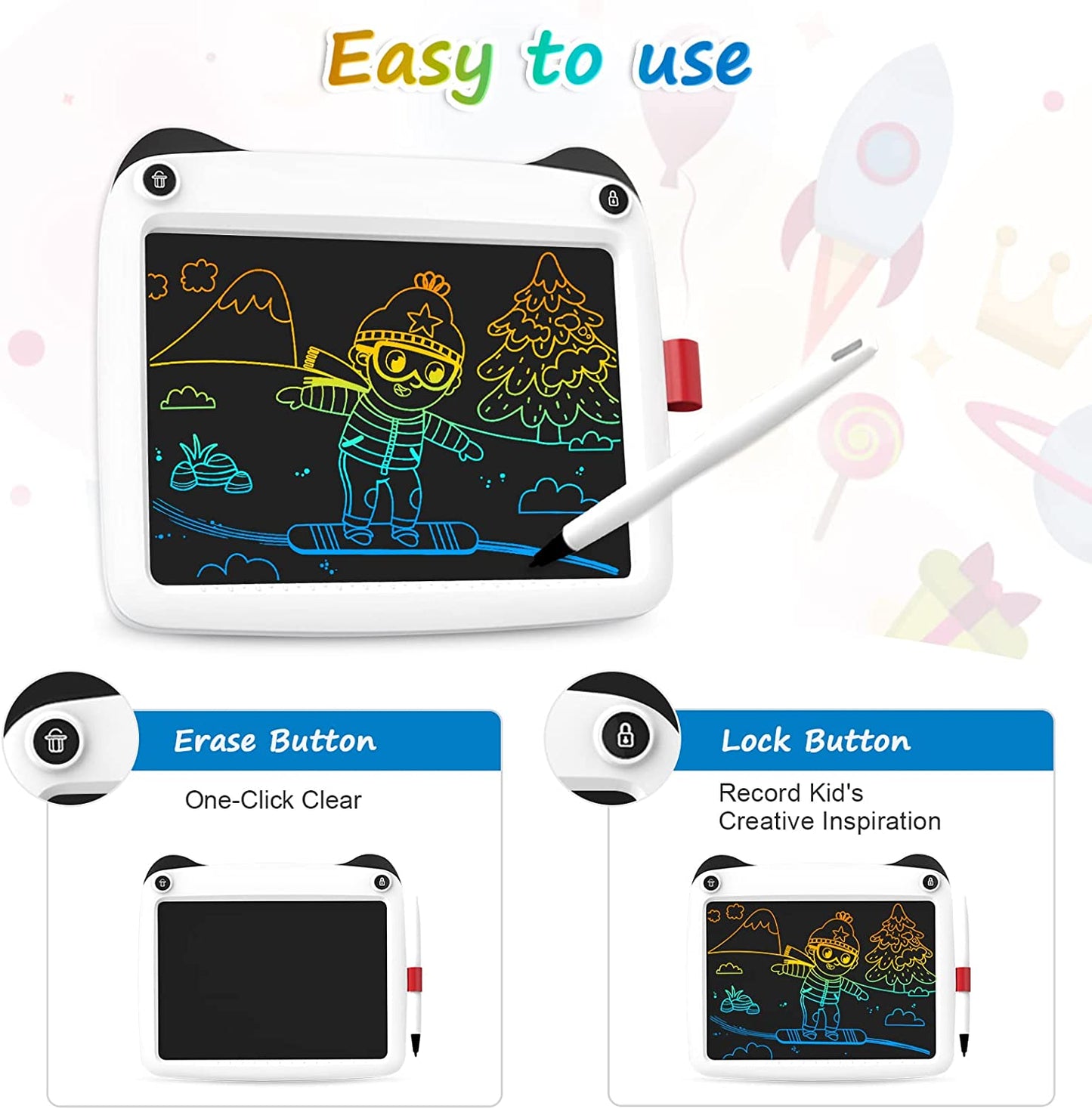 LCD Writing Tablet 9 Inch Toddler Doodle Board, Colorful Erasable Drawing Pad Tablet for Kids, Kids Travel Toys Educational Christmas Birthday Gift for 3 4 5 6 7 8 Years Old Kids, White